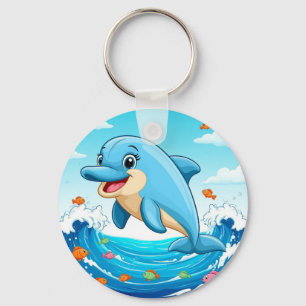 Cute Cartoon Dolphin Splashing in Water Keychain
