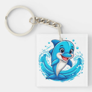 Cute Cartoon Dolphin Splashing in Water Keychain