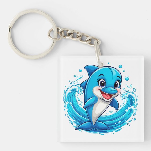 Cute Cartoon Dolphin Splashing in Water Keychain (Front)