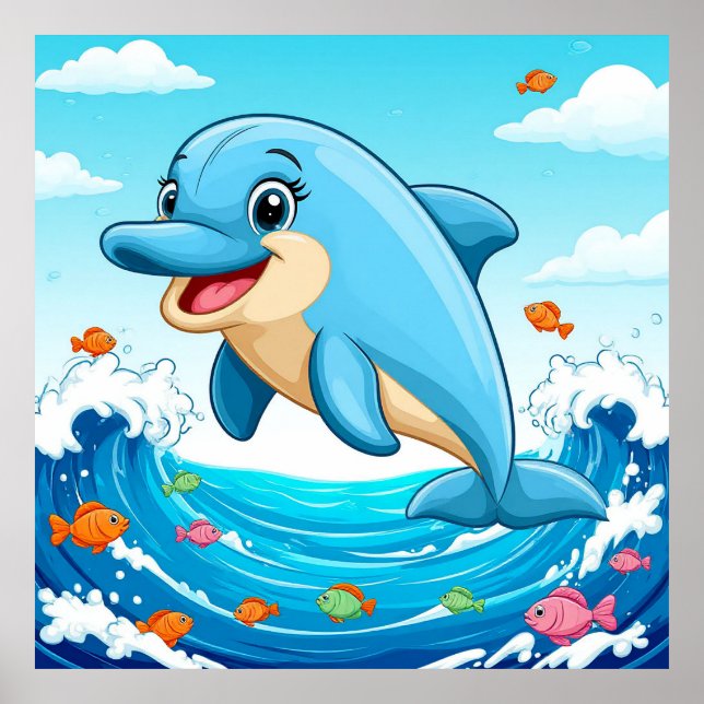 Cute Cartoon Dolphin Splashing in Water Poster (Front)