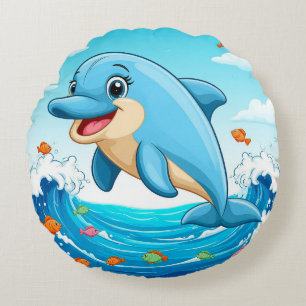 Cute Cartoon Dolphin Splashing in Water Round Pillow