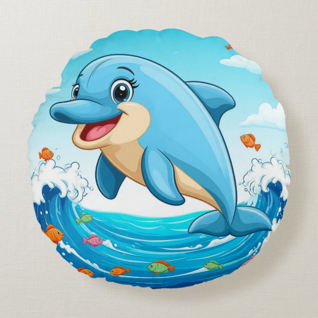 Cute Cartoon Dolphin Splashing in Water Round Pillow (Front)