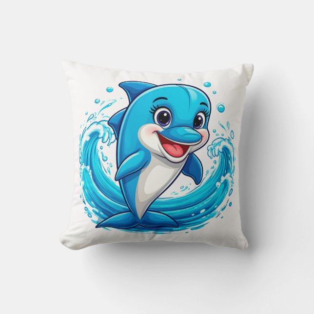 Cute Cartoon Dolphin Splashing in Water Throw Pillow (Front)