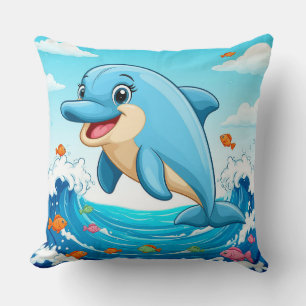 Cute Cartoon Dolphin Splashing in Water Throw Pillow