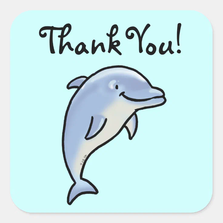Cute cartoon dolphin thank you square sticker | Zazzle