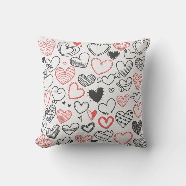 Cute Cartoon doodle hearts pattern red and black Throw Pillow (Front)