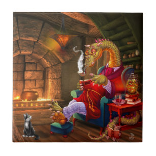 Cute Cartoon Dragon by a Fireplace Ceramic Tile