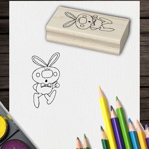 Cute Cartoon Drawing Thumbs Up Bunny Bow Tie Rubber Stamp