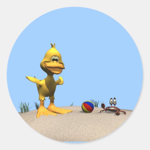 Cute Cartoon Duck and Crab on Beach Classic Round Sticker