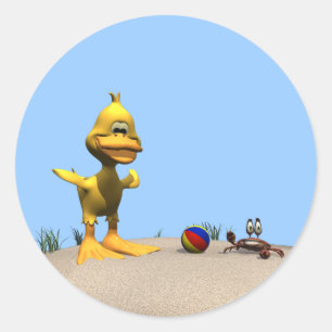 Cute Cartoon Duck and Crab on Beach Classic Round Sticker