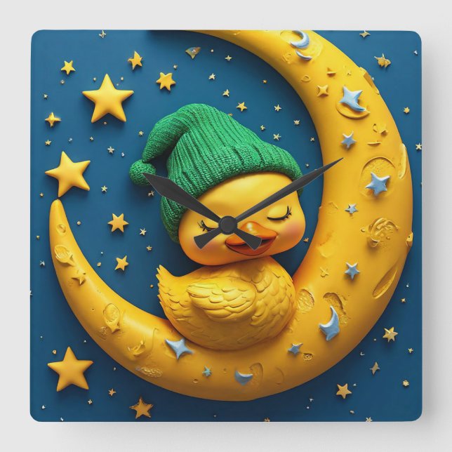 Cute cartoon duck and moon square wall clock (Front)