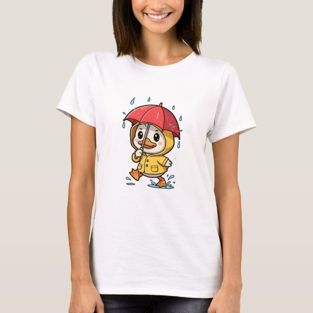 Cute Cartoon Duck Walking in Rain T-Shirt (Front)