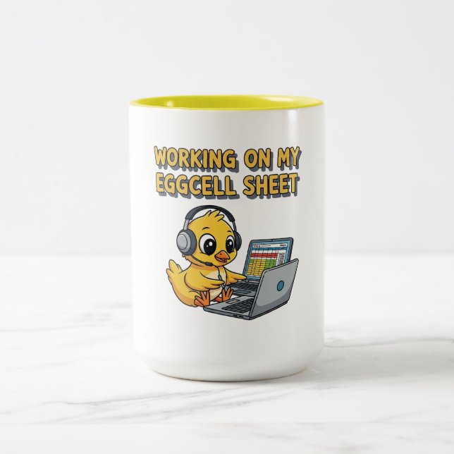 Cute Cartoon Duck Working on Laptop Two-Tone Coffee Mug (Center)
