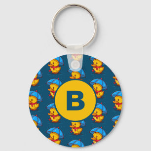 Cute Cartoon Ducks Under Umbrellas Monogram Keychain