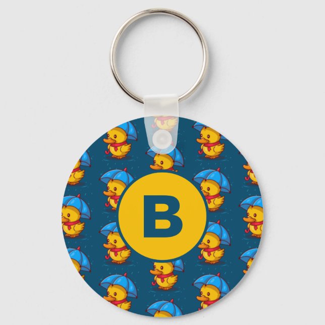 Cute Cartoon Ducks Under Umbrellas Monogram Keychain (Front)