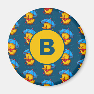 Cute Cartoon Ducks Under Umbrellas Monogram Magnet