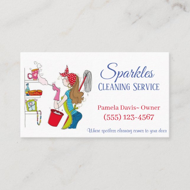 Cute Cartoon Dusting Maid House Cleaning Services Business Card (Front)