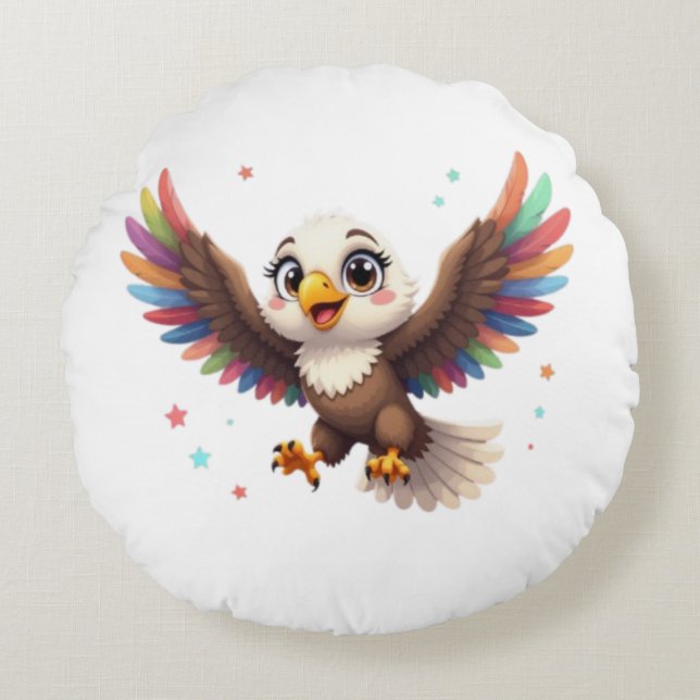 Cute Cartoon Eagle Flying – Friendly Vector Art Round Pillow (Front)