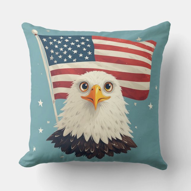 Cute Cartoon Eagle Head with Waving American Flag Throw Pillow (Front)