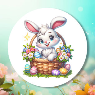 Cute Cartoon Easter Bunny in a Basket Classic Round Sticker