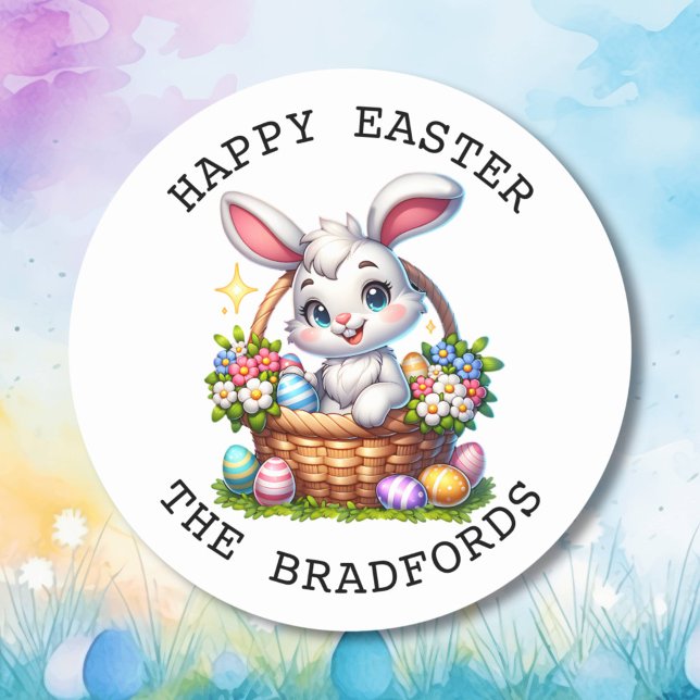 Cute Cartoon Easter Bunny in a Basket Personalized Classic Round Sticker (Creator Uploaded)