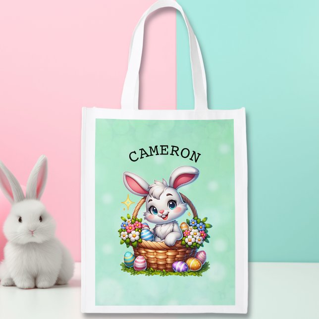 Cute Cartoon Easter Bunny in a Basket Personalized Grocery Bag (Creator Uploaded)