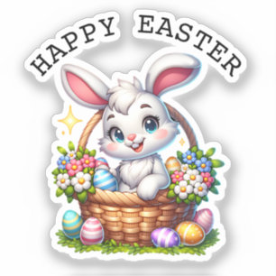 Cute Cartoon Easter Bunny in a Basket Personalized Sticker