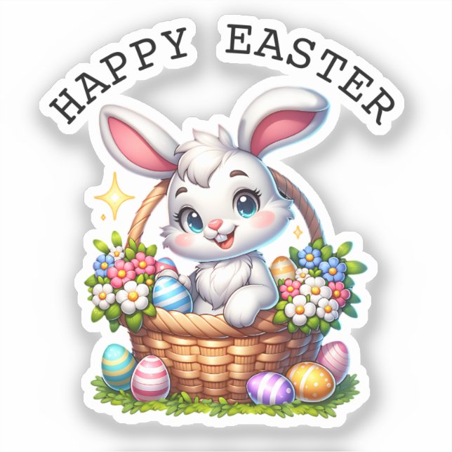 Cute Cartoon Easter Bunny in a Basket Personalized Sticker (Front)
