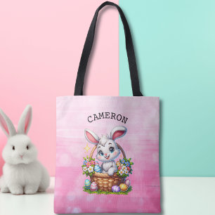 Cute Cartoon Easter Bunny in a Basket Personalized Tote Bag