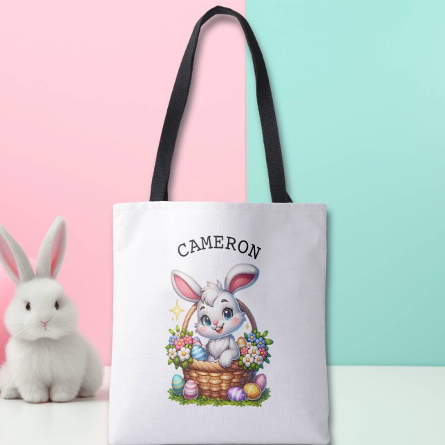 Cute Cartoon Easter Bunny in a Basket Personalized Tote Bag (Creator Uploaded)