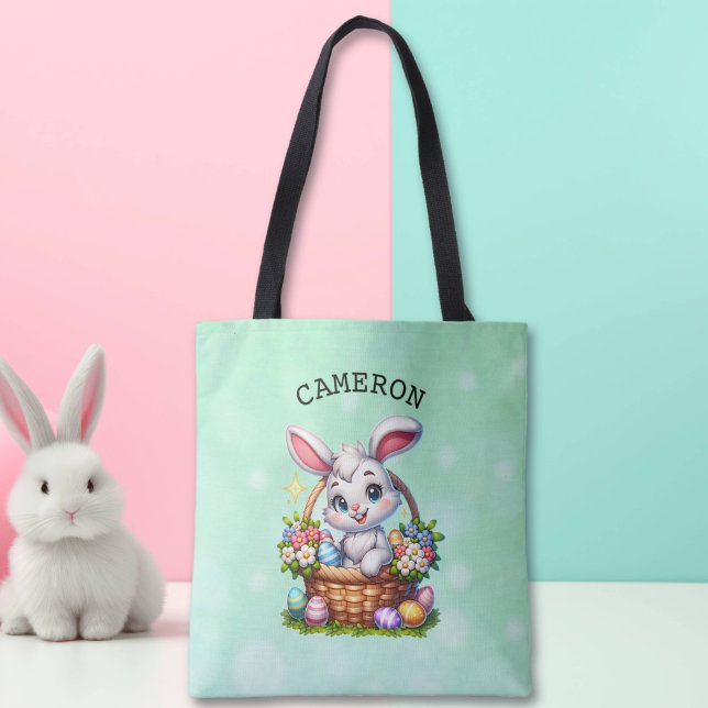 Cute Cartoon Easter Bunny in a Basket Personalized Tote Bag (Creator Uploaded)