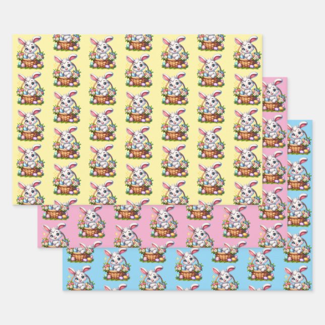 Cute Cartoon Easter Bunny in a Basket  Wrapping Paper Sheets (Set)