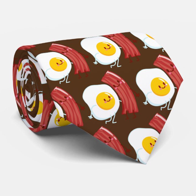 Cute cartoon eggs bacon tiled pattern neck tie (Rolled)