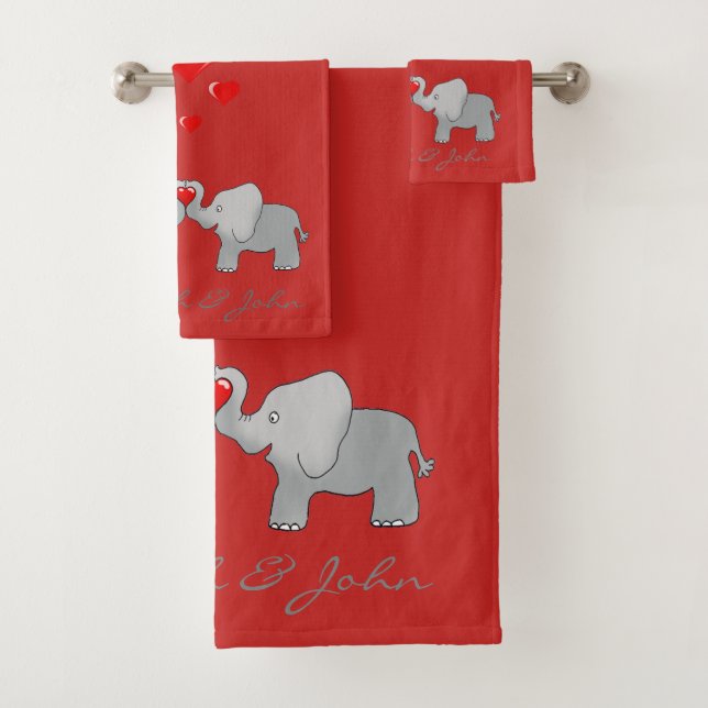Cute Cartoon Elephans In Love -Personalized Bath Towel Set (Insitu)