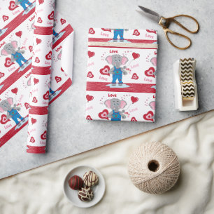 Cute Cartoon Elephant and Heart Pattern Wrapping Paper