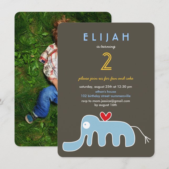 Cute Cartoon Elephant Kids Photo Birthday Party Invitation (Front/Back)