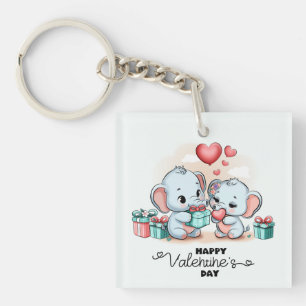 Cute Cartoon Elephant Lover Heart Valentines Day Keychain