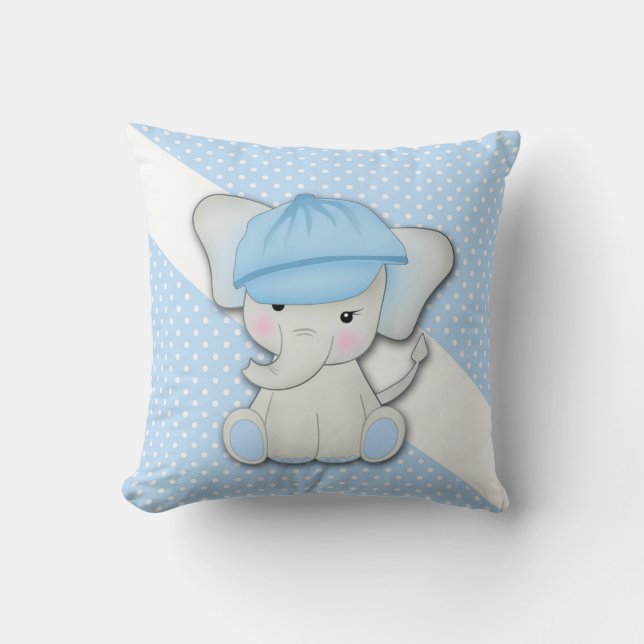 Cute cartoon elephant on a blue background throw pillow (Front)