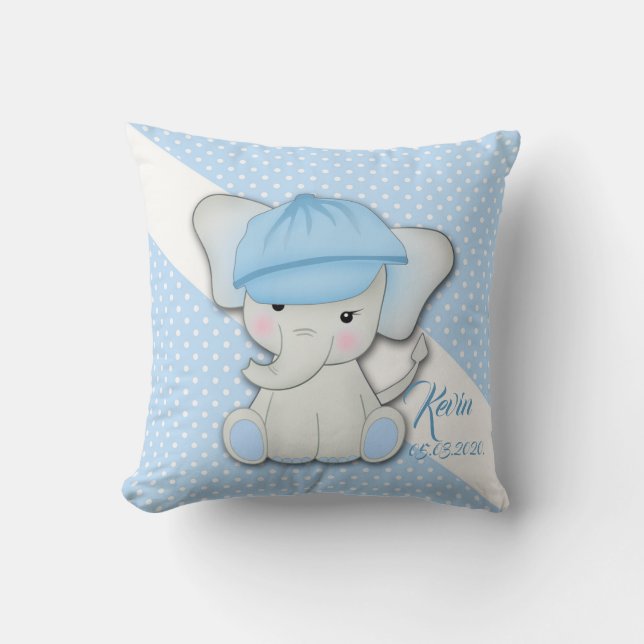 Cute cartoon elephant on a blue background throw pillow (Front)