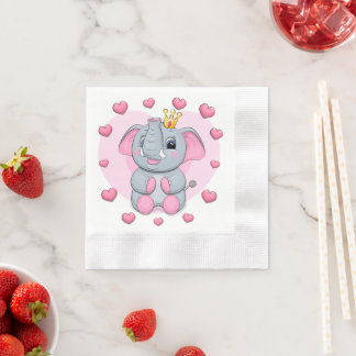 Cute cartoon elephant princess with pink hearts. napkins