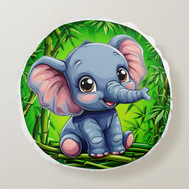Cute cartoon elephant round pillow (Front)