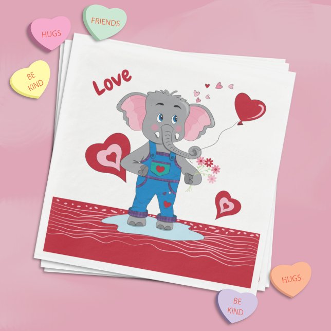 Cute Cartoon Elephant White and Red Paper Napkins (Cute red and white Paper napkins with a cartoon elephant and some hearts . )