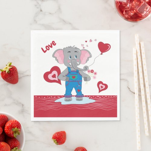 Cute Cartoon Elephant White and Red Paper Napkins