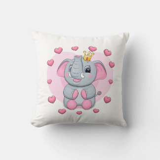Cute cartoon elephant with a crown. throw pillow