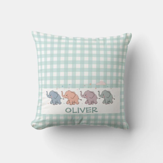Cute Cartoon Elephants Gingham Throw Pillow (Front)