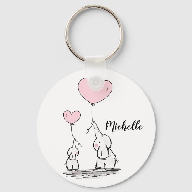 Cute cartoon elephants holding pink balloons name keychain (Front)