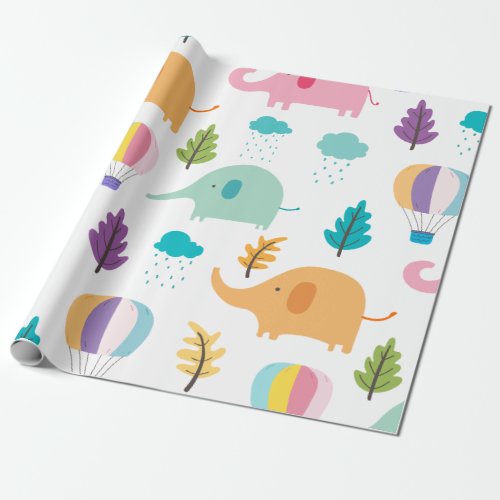 Cute cartoon elephants hot_air balloons and trees wrapping paper