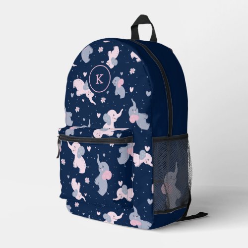 Cute Cartoon Elephants Pattern on Blue Monogram Printed Backpack