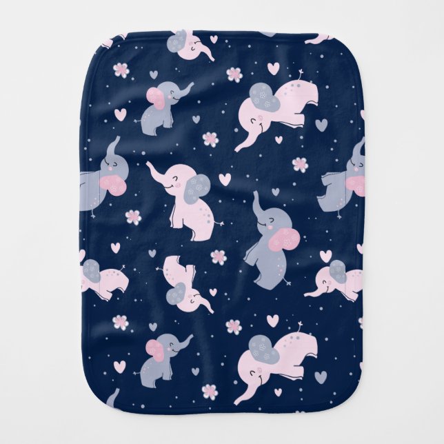 Cute cartoon elephants pattern on navy-blue baby burp cloth (Front)
