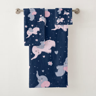 Cute cartoon elephants pattern on navy-blue bath towel set